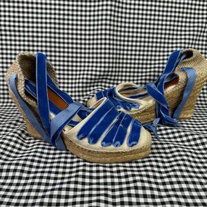 Penelope Chilvers High Valenciana Dali Espadrille Wedge Sandal Blue Velvet